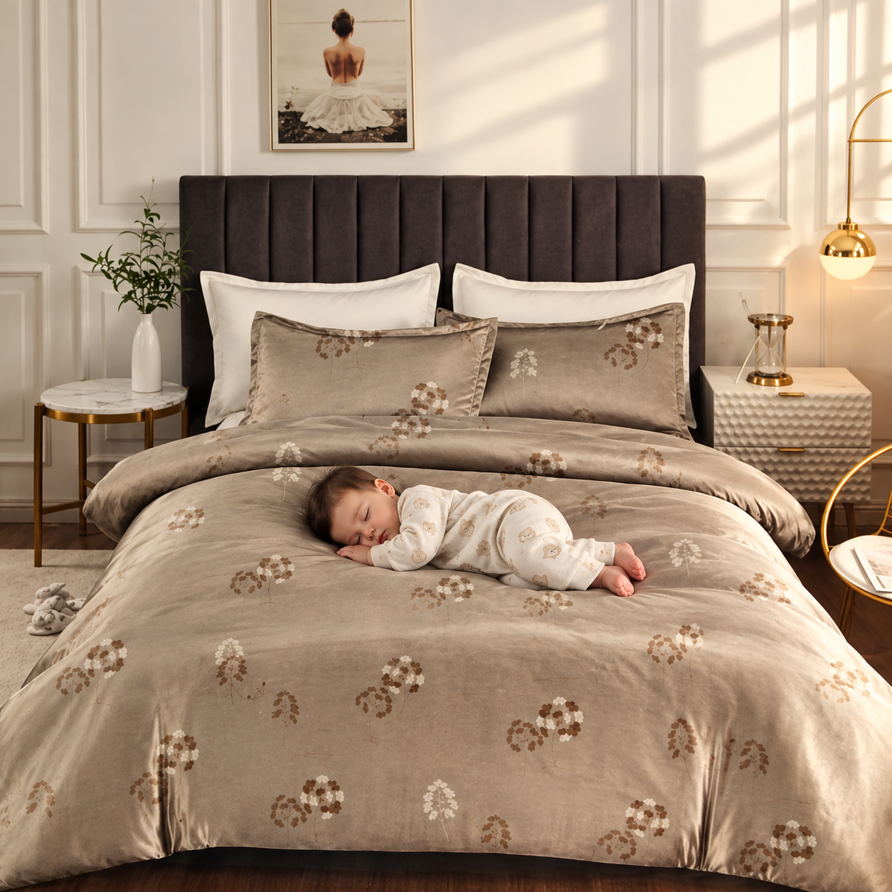 Elegant beige floral bedding set with a sleeping baby in a cozy bedroom