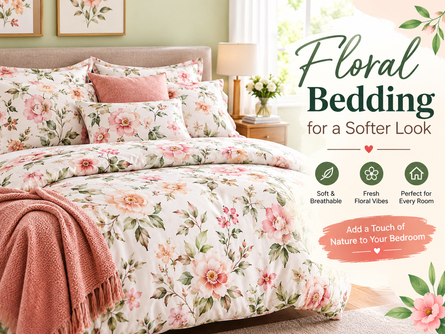 Floral bedding set with soft pink flowers for a cozy and elegant bedroom look