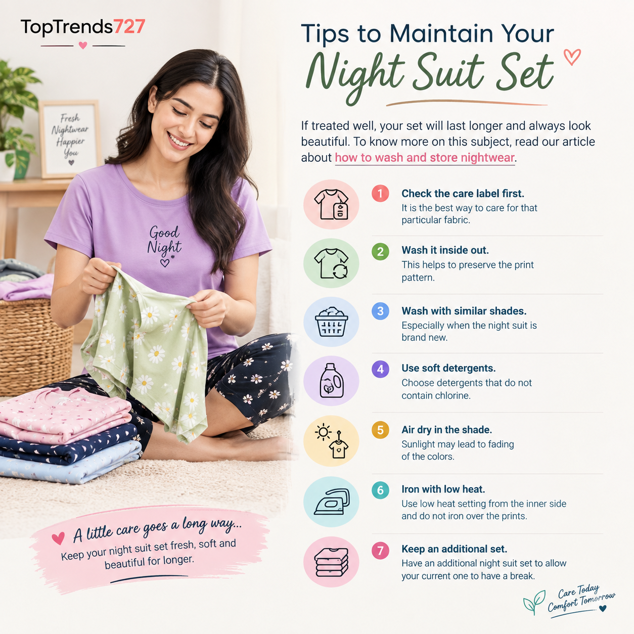 TopTrends727 night suit care guide showing tips for washing, drying, ironing, and storing nightwear to keep it fresh and long-lasting.