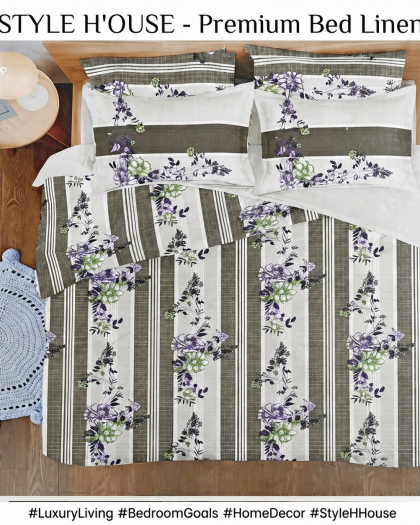 Style H’ouse premium bed linen set with white, grey, and lavender floral stripe patterns, displayed on a neatly made bed.
