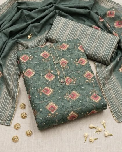 Green printed 3-piece unstitched suit material with matching striped dupatta and coordinating fabric