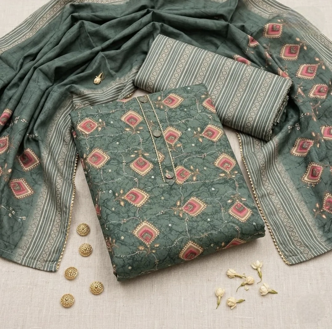 Green printed 3-piece unstitched suit material with matching striped dupatta and coordinating fabric
