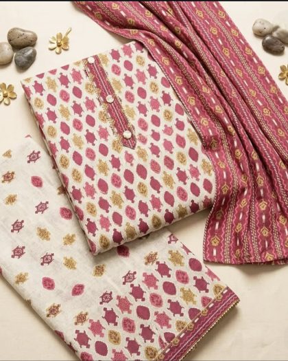 Pink and white printed ethnic suit set with matching dupatta
