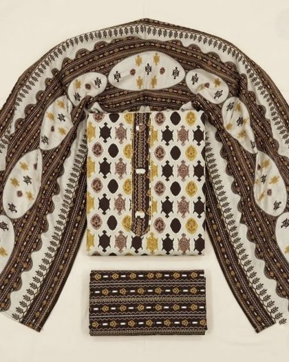 Brown, white and mustard printed unstitched cotton suit set with dupatta, kurta fabric and bottom piece
