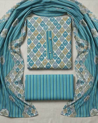 Blue and white printed suit set with dupatta