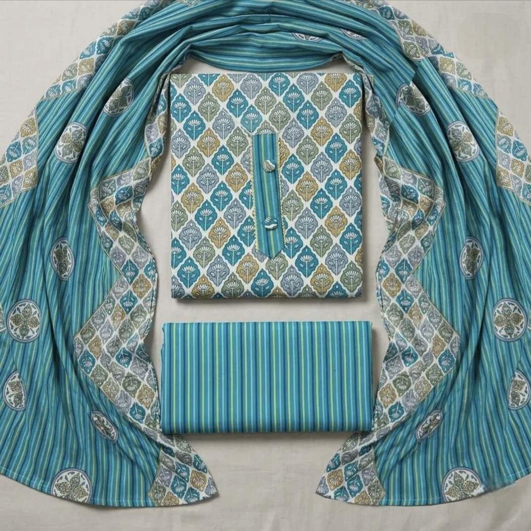 Teal and white printed unstitched cotton suit set with striped dupatta, floral kurta fabric and bottom piece