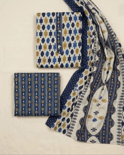 Blue and white printed women’s suit set with matching dupatta