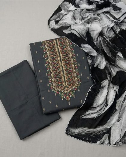 Black printed women’s suit set with floral printed dupatta