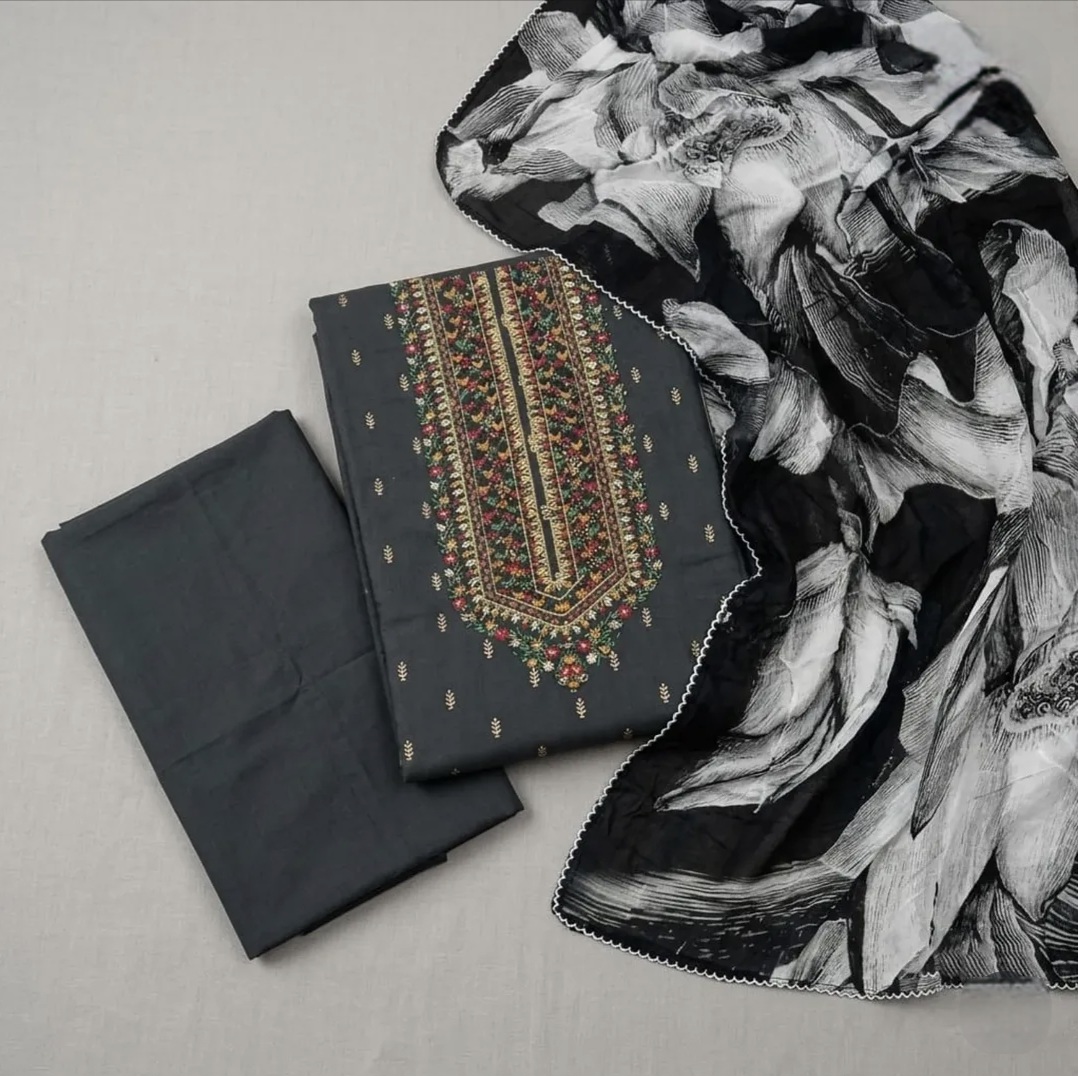Black printed women’s suit set with floral printed dupatta