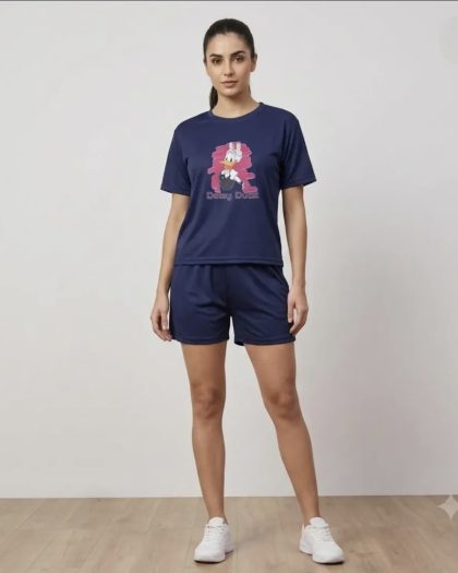 Navy blue printed t-shirt and shorts co-ord set for women with cartoon graphic print
