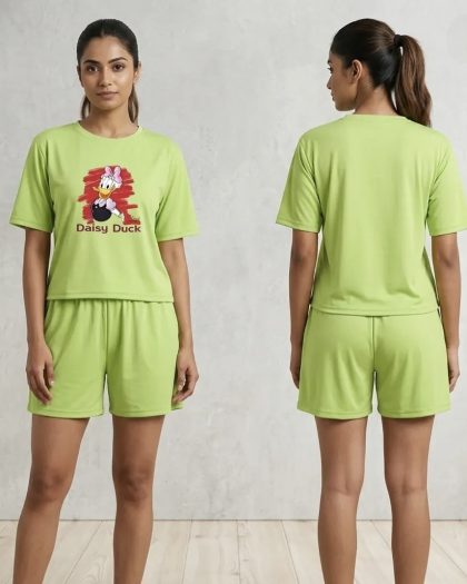 Lime green printed t-shirt and shorts co-ord set for women with cartoon graphic print, front and back view