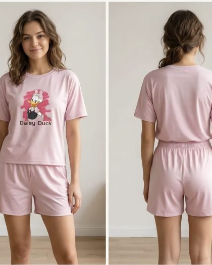 Pink printed t-shirt and shorts co-ord set for women with cartoon graphic print, front and back view