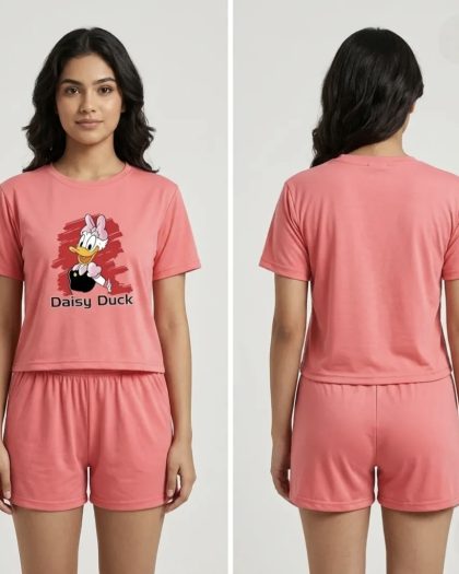 Coral pink printed t-shirt and shorts co-ord set for women with cartoon graphic print, front and back view