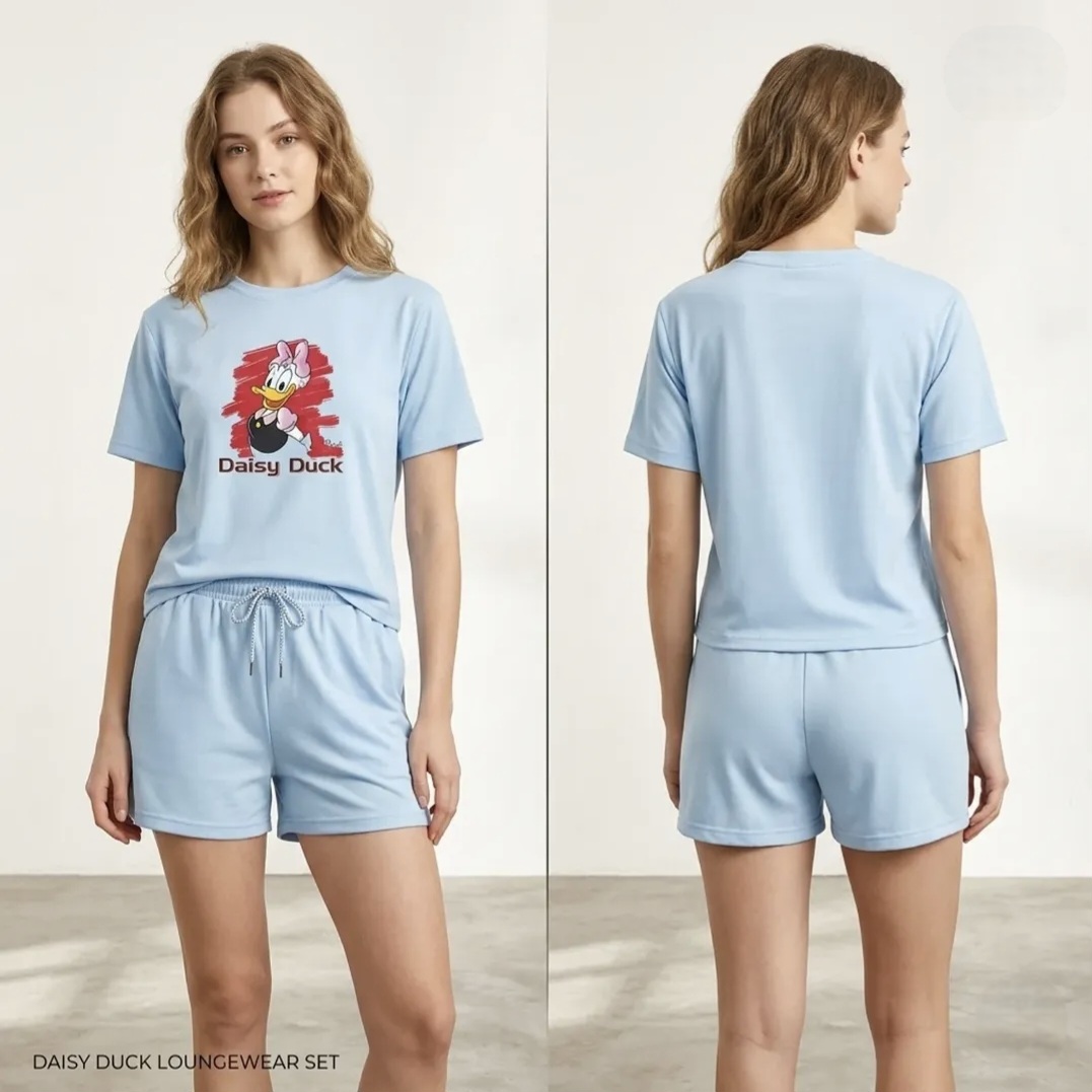 Sky blue printed t-shirt and shorts co-ord set for women with drawstring shorts and cartoon graphic print, front and back view