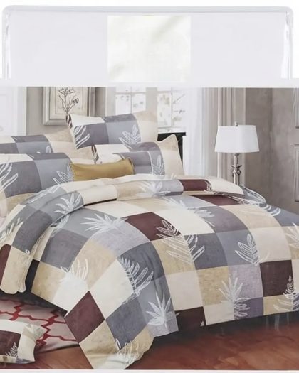 Modern bedroom featuring a geometric patchwork bedsheet set in grey, beige, white, and maroon with elegant leaf patterns.