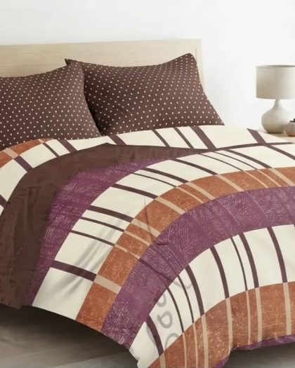 Modern purple, orange, and white geometric bedsheet set with curved patterns and matching brown dotted pillow covers.