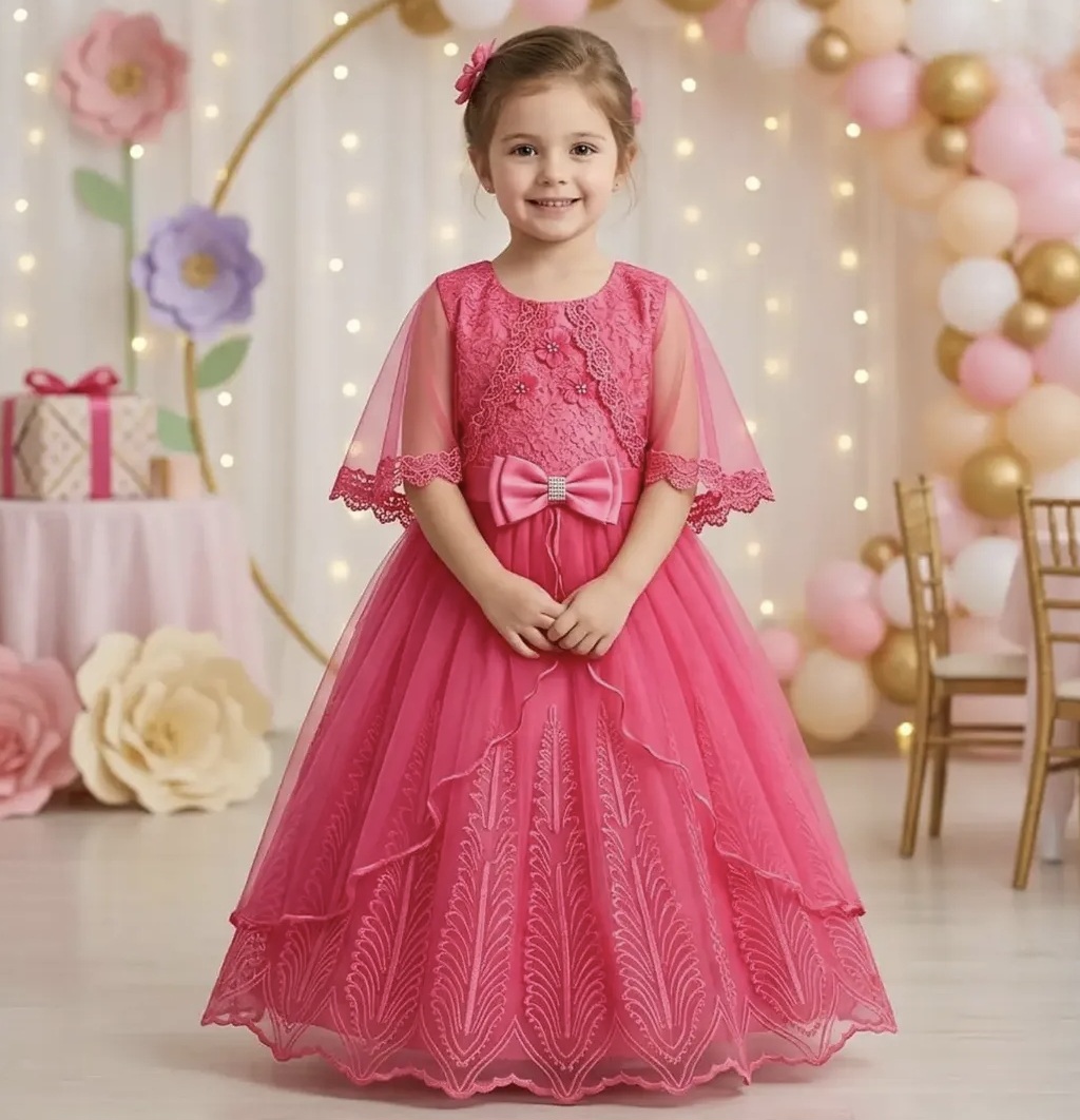 Pink lace embroidered party gown for girls with cape sleeves, bow belt and layered tulle skirt
