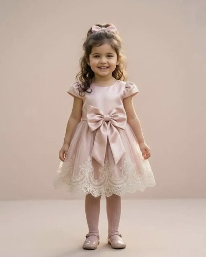 Blush pink satin party dress for toddler girls with big bow, lace hem and puff sleeves
