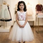 White sleeveless party dress for girls with floral embroidered bodice, beaded belt and tulle skirt