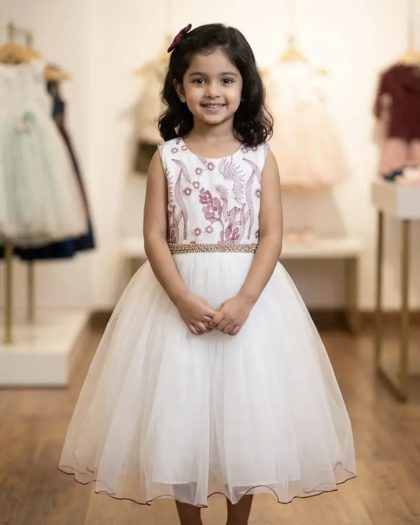 White sleeveless party dress for girls with floral embroidered bodice, beaded belt and tulle skirt