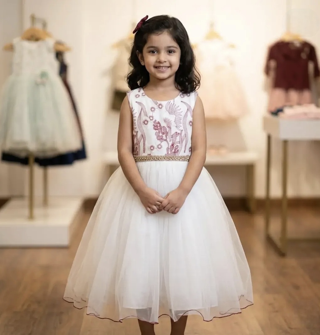 White sleeveless party dress for girls with floral embroidered bodice, beaded belt and tulle skirt