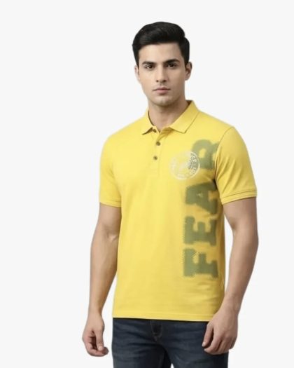 Men’s yellow polo t-shirt with graphic print and collar