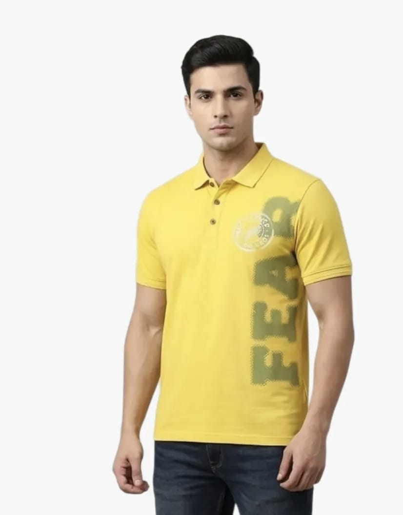 Men’s yellow polo t-shirt with graphic print and collar