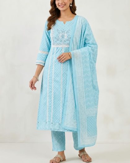 Women’s sky blue printed kurta set with matching pants and dupatta