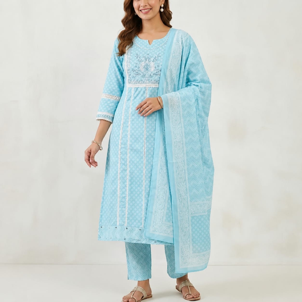 Women’s sky blue printed kurta set with matching pants and dupatta