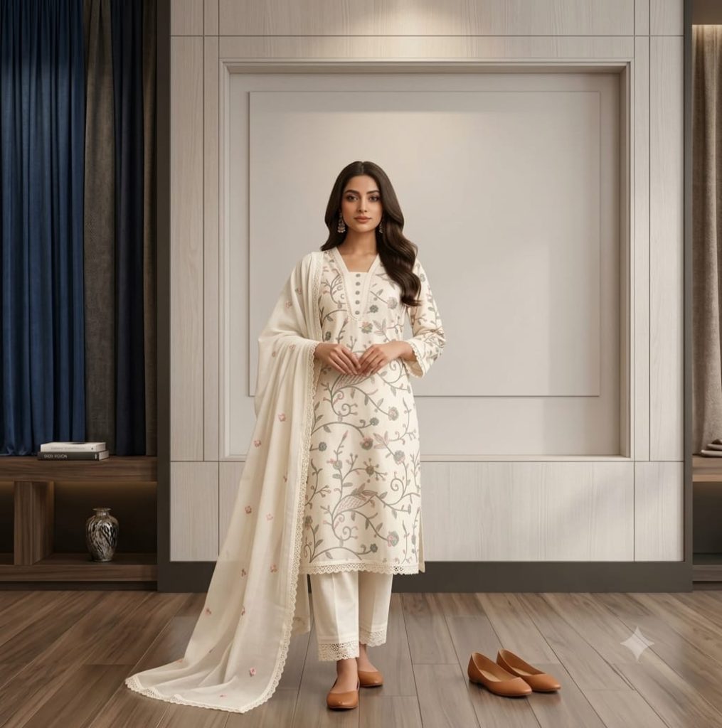 Women wearing cream floral printed kurta pant dupatta set