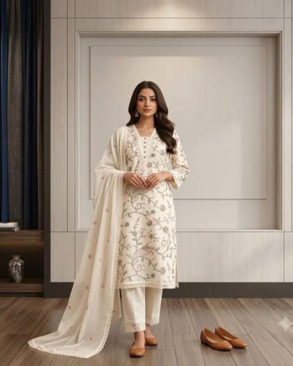 Women wearing cream floral printed kurta pant dupatta set
