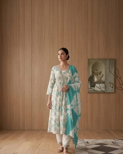 Women wearing aqua blue and white floral printed Anarkali suit with dupatta