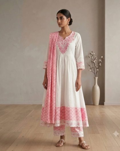 Women’s White & Pink Printed Anarkali Suit Set with Dupatta | Elegant Ethnic Wear