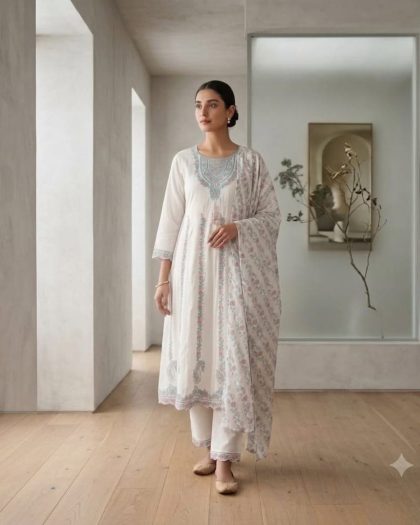 Women wearing white pastel floral printed Anarkali suit with matching dupatta