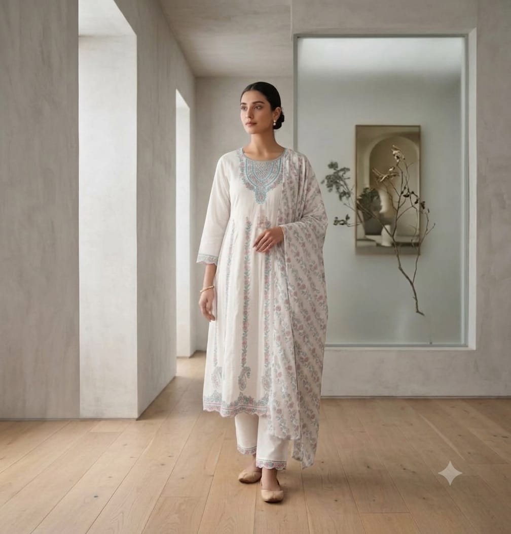 Women wearing white pastel floral printed Anarkali suit with matching dupatta