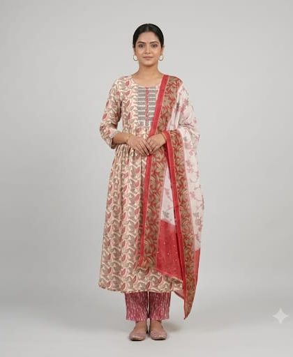 Women wearing beige and red floral printed kurta pant dupatta ethnic set
