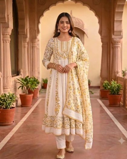 Women wearing cream and yellow floral printed Anarkali suit set with dupatta