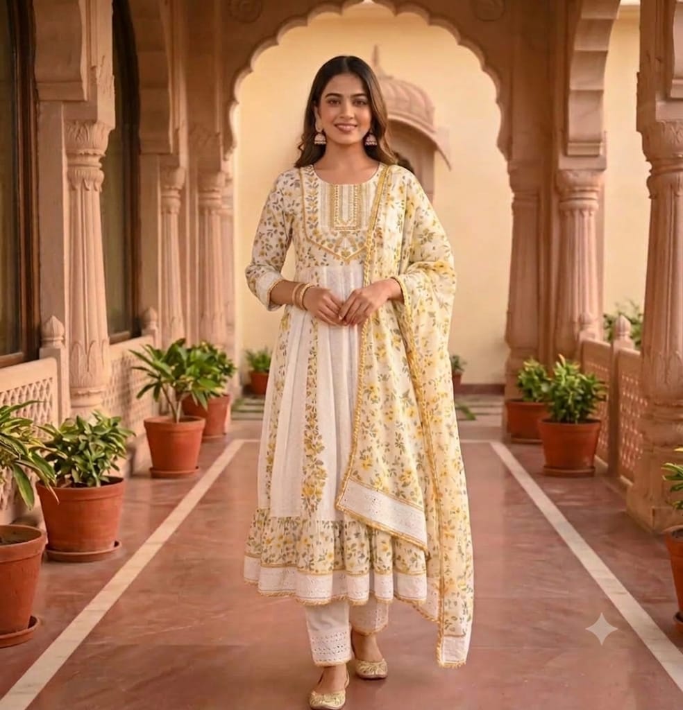 Women wearing cream and yellow floral printed Anarkali suit set with dupatta