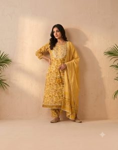 Women wearing mustard yellow floral printed kurta pant dupatta set