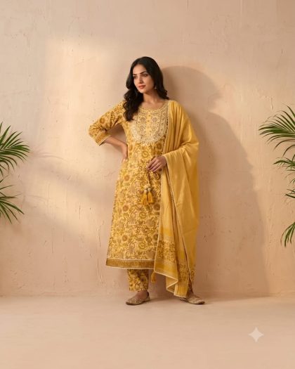 Women wearing mustard yellow floral printed kurta pant dupatta set