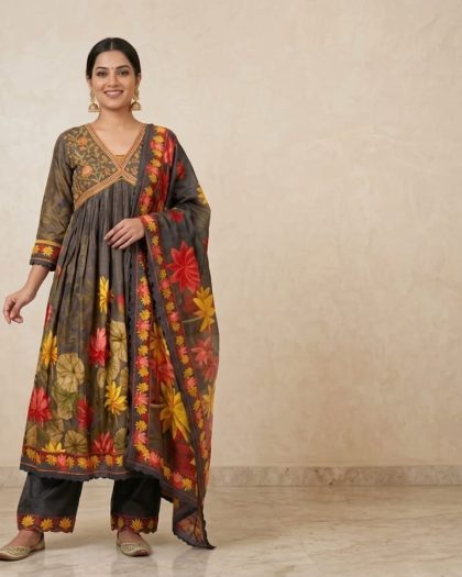 Women wearing charcoal grey floral printed kurta pant dupatta set