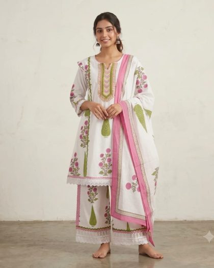 White printed kurta pant dupatta set for women with pink and green floral leaf designs