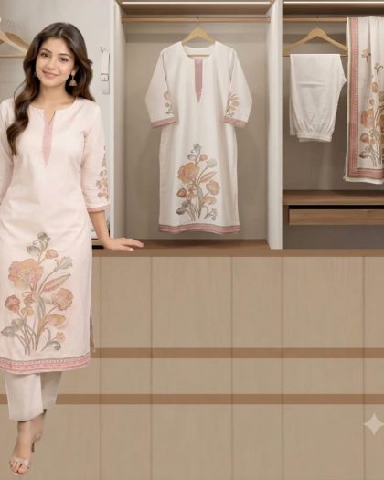 Off-white floral printed kurta pant set for women with pink and peach botanical detailing