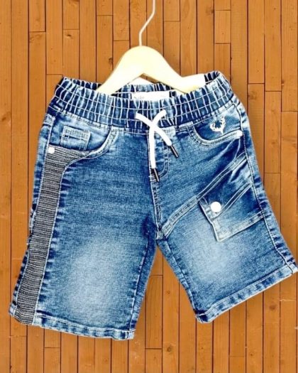 Blue denim shorts for boys with elastic waistband, drawstring, and utility pockets