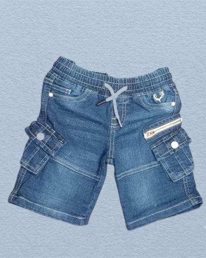 Blue denim cargo shorts for boys with elastic waistband, drawstring, and utility pockets