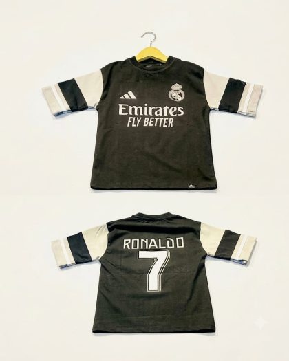 Black football jersey for boys with white sleeves and Ronaldo 7 name and number