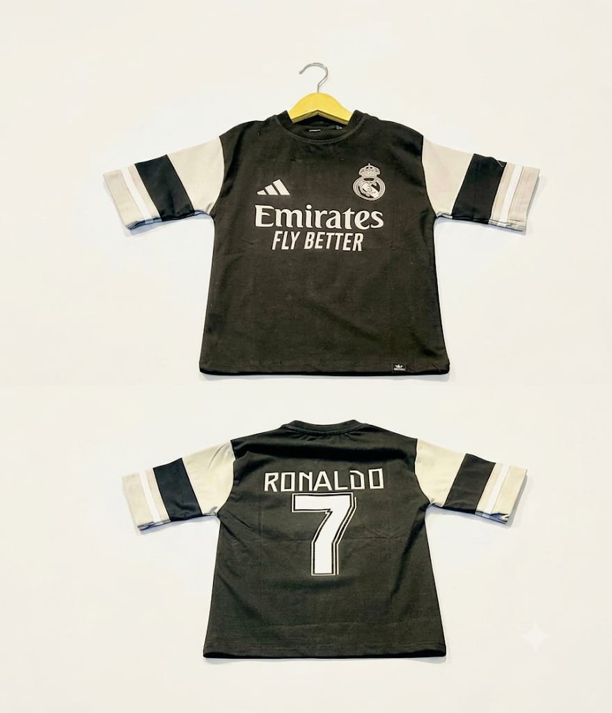 Black football jersey for boys with white sleeves and Ronaldo 7 name and number