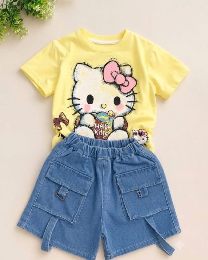 Yellow cartoon print T-shirt with blue denim cargo shorts girls clothing set