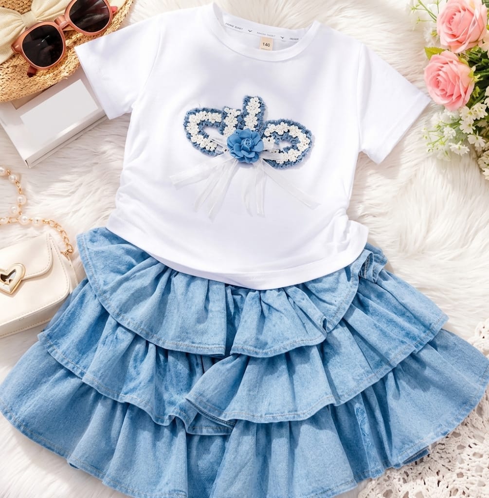 Girls white t-shirt with floral butterfly embellishment and layered blue denim skirt