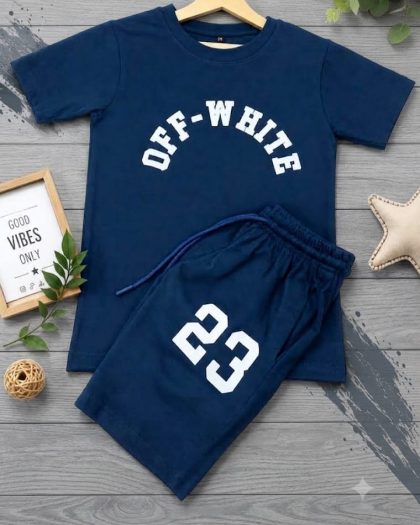 Navy blue boys t-shirt and shorts set with Off-White graphic and number 23 print